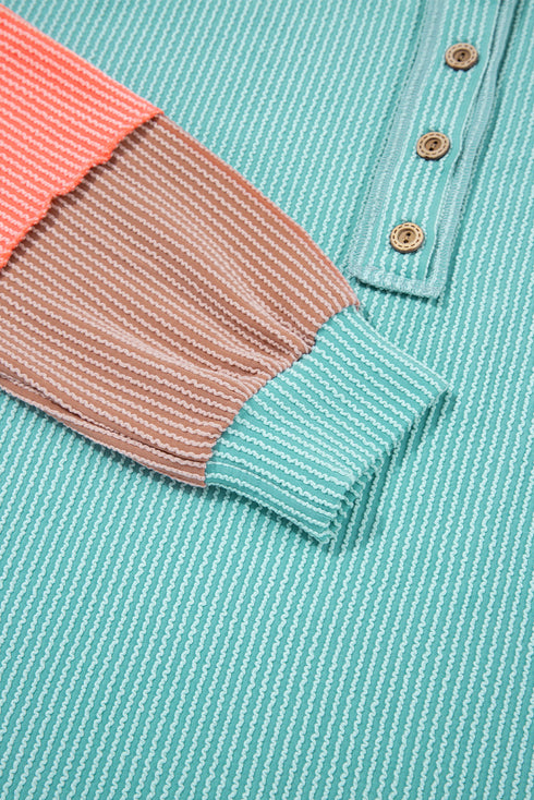 Button Henley Patchwork Textured Knit Balloon Sleeve Top Longline Casual